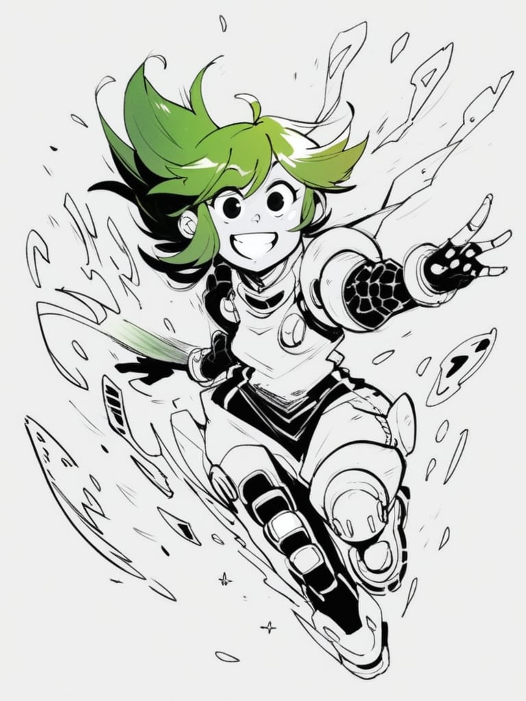 score_9, score_8_up, score_7_up, score_6_up, little girl shooting a giant gun, laser, explosion, green hair, floating hair, laughing, destroyed city, futuristic, looking at viewer, cowboy shot, dynamic pose, smile, cute, wide shot, solo, dutch angle, <lora:INKtoonXLP_Style:1> InkToon, monochrome, black eyes, simple white  background, cute, sketch, thin line, cartoon, splash art, concept art