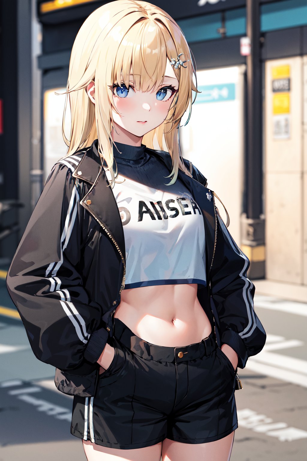 masterpiece, best quality, highres, aaema, long hair, gradient hair, hair ornament, <lora:aizawa_ema_v1:0.7>, cropped jacket, crop top, shorts, stree, hands in pockets, day