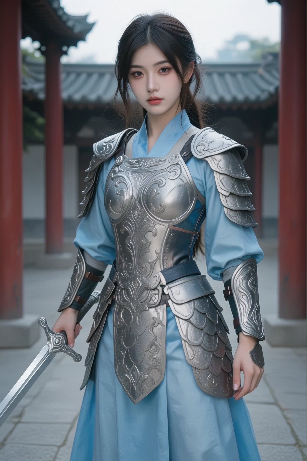 A young East Asian woman,  appearing to be in her late teens or early twenties,  stands in a full-body pose. She is adorne...