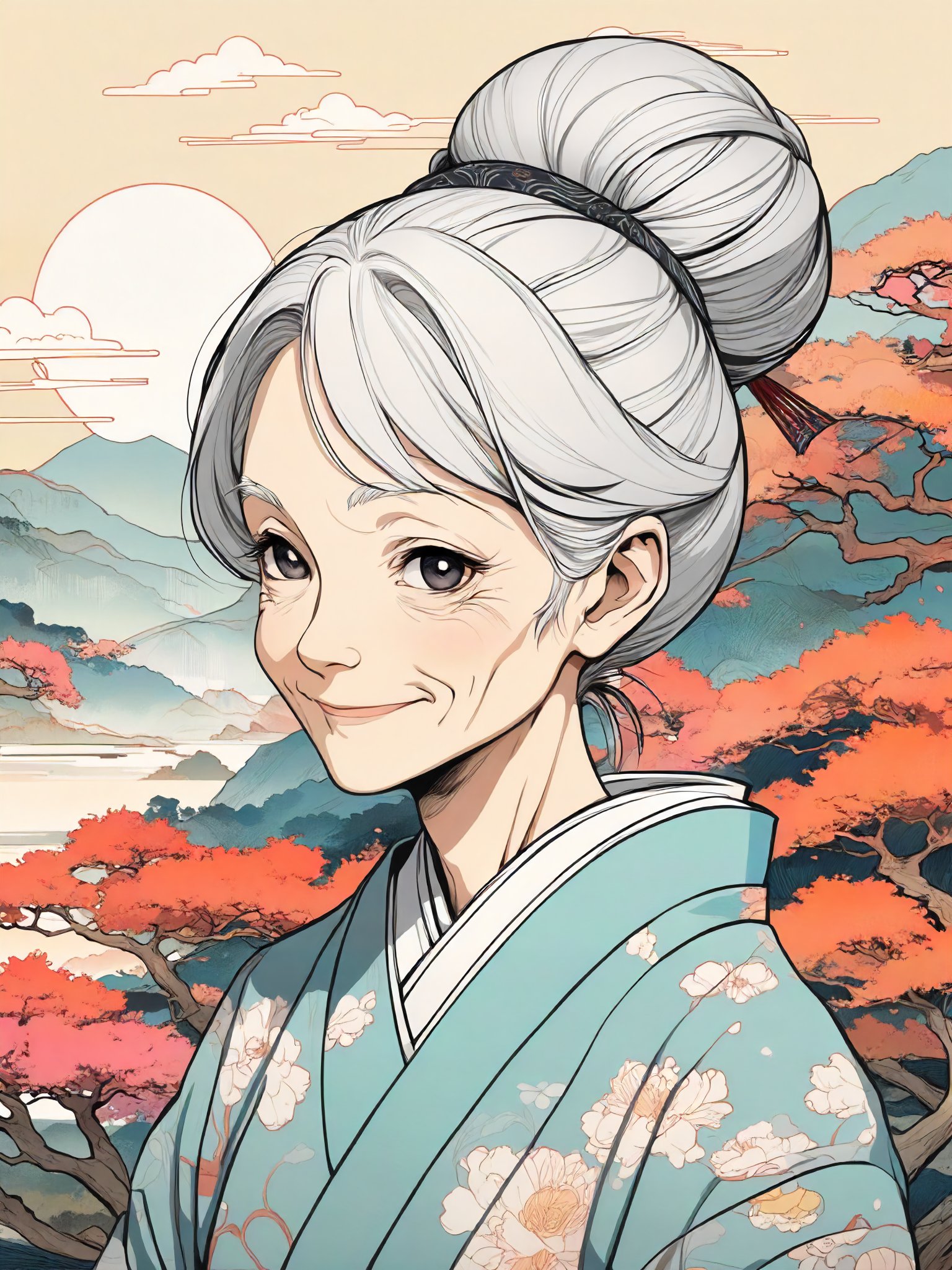 Masterpiece, thin outline, great workmanship, award-winning work, line art, thin lines, fine detail, pastel colors, natural colors, perfect shading, analog tones, manga style, full screen, old woman, aged up, (slender), wrinkled skin, (gentle nature), black eyes, white hair, medium hair, hair bun, (small body), kimono,  smile sweetly