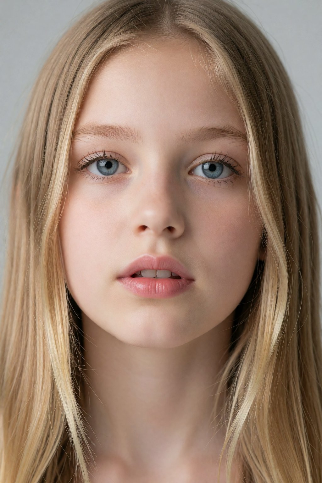 A headshot portrait of a young Caucasian female,  appearing to be in her late teens,  is centrally framed. She has long bl...