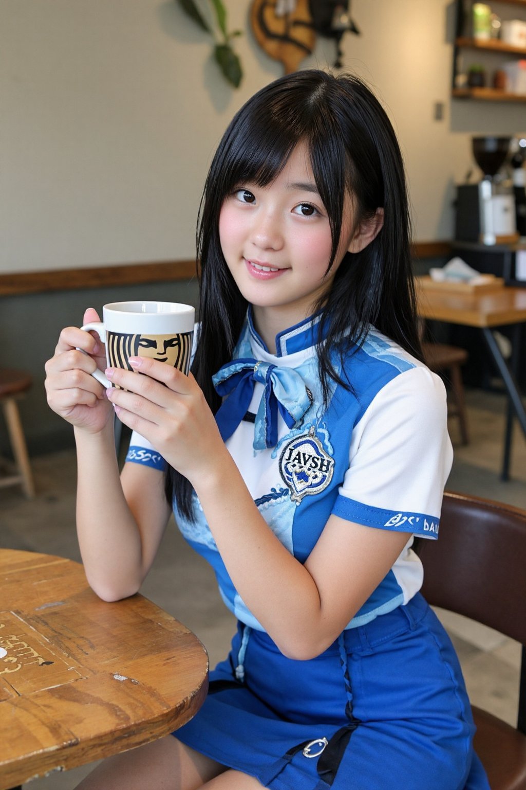 一位亚裔年轻女孩坐在咖啡馆的桌旁,  身穿蓝白色制服,  手拿咖啡杯 by 天TIN on Tensor.Art