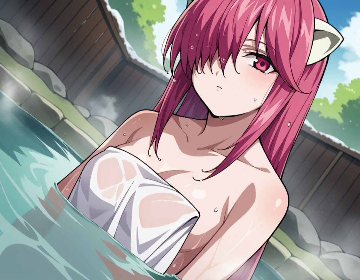 score_9, score_8_up, score_7_up, source_anime,elfenliedlucy, <lora:elfen-lied-lucy-ponyxl-lora-nochekaiser:1>lucy, long hair, pink hair, horns, pink eyes, hair over one eye,nude, naked, outdoors, onsen, towel, naked towel, steam, bathing, nude cover, partially submerged, water, bath, steam censor, wet towel,looking at viewer, dutch angle, cowboy shot,