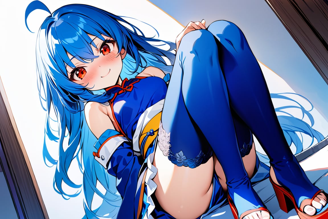 loli, nice hands, perfect hands, best quality, highly detailed, masterpiece, ultra-detailed, illustration, best quality, highly detailed, masterpiece, ultra-detailed, illustration, long hair, blue hair, red eyes, {{masterpiece}}, small breasts, ahoge, 1girl, {{{blue chinese clothes}}}, {{{{{{{{blue tabard}}}}}}}}, detached sleeves, {{wide sleeves}}, long sleeves, {{frilled sleeves}}, blue skirt, {{frilled skirt}}, {{miniskirt}}, {{obi}}, blue stockings, open toe sandals, nose blush,smile