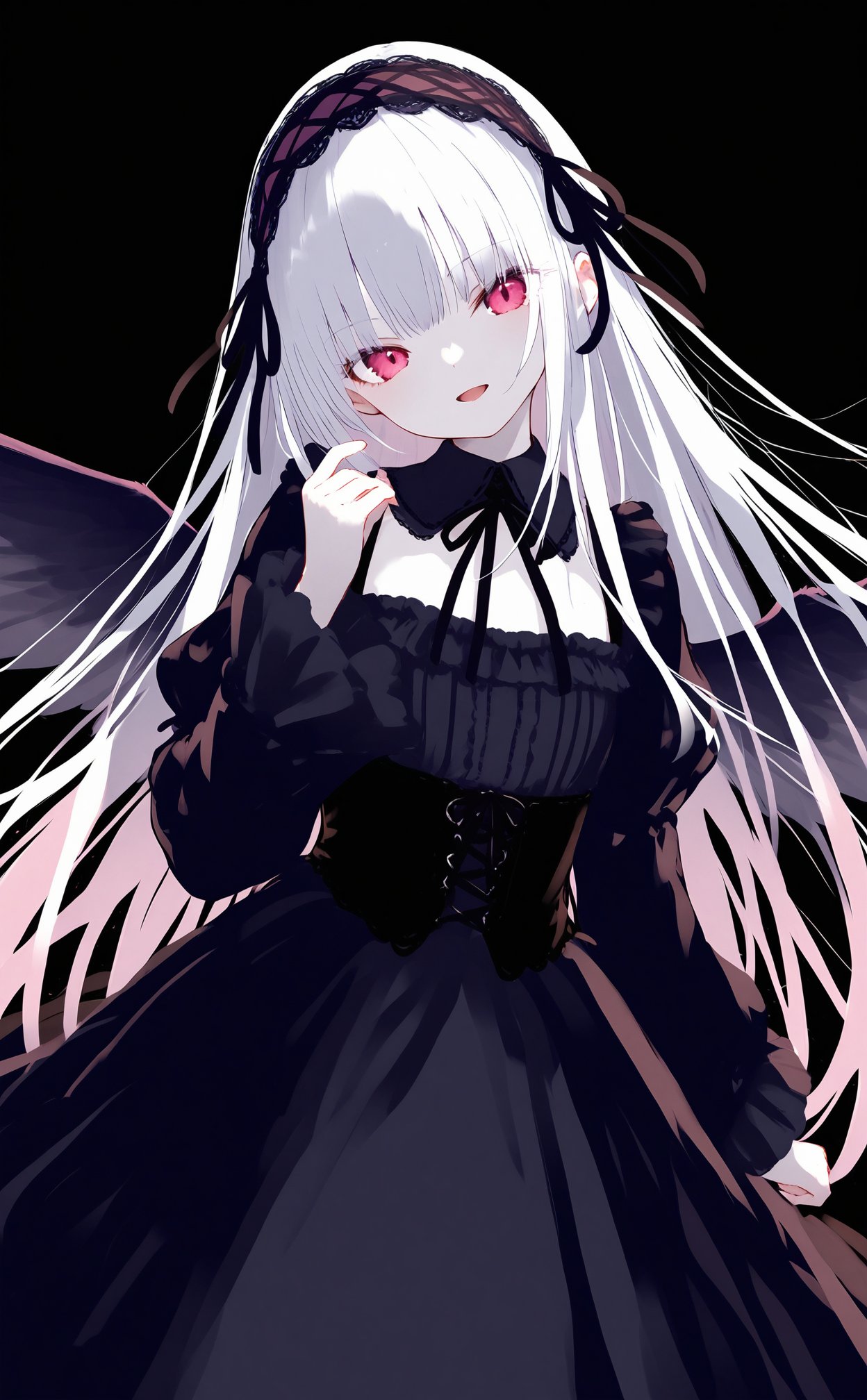 masterpiece,best quality,high quality,(colorful),nai3 Style,loli,1girl,suigintou,solo,lolita hairband,long hair,hairband,lolita fashion,gothic lolita,dress,looking at viewer,black dress,wings,smile,white hair,long sleeves,black background,ribbon,simple background,frills,black ribbon,hand up,open mouth,purple eyes,pale skin,black wings,red eyes,pink eyes,black hairband,frilled sleeves,detached collar,very long hair,cowboy shot,rose,white skin,parted lips,head tilt,