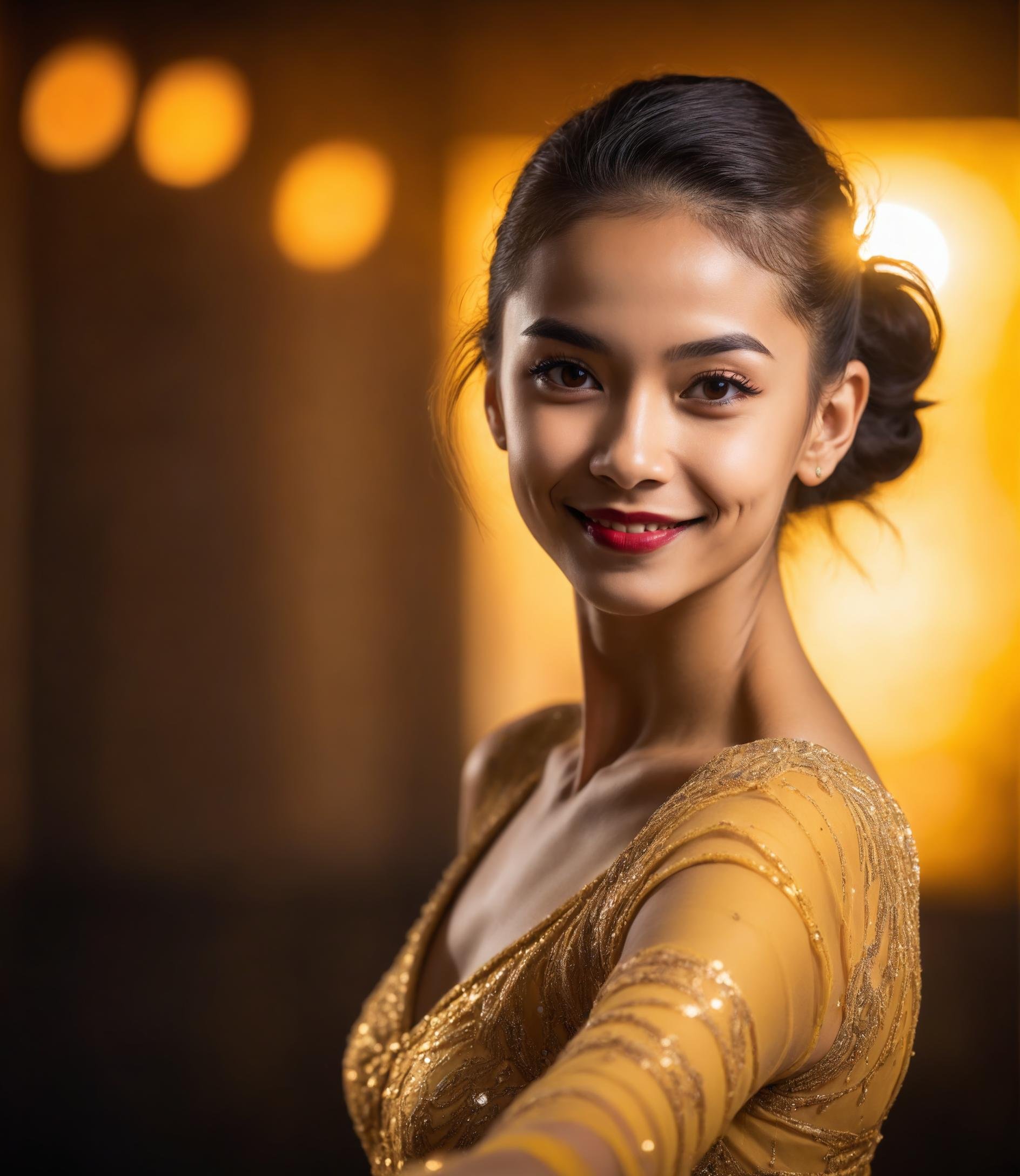 photograph, (deep yellow theme:0.7) , over the shoulder shot of a Funny Happy young_woman Ballroom Dancer, she is looking evil, at Sunrise, Tranquil, Warm lighting, dynamic, dslr, 800mm lens, extremely hyper aesthetic