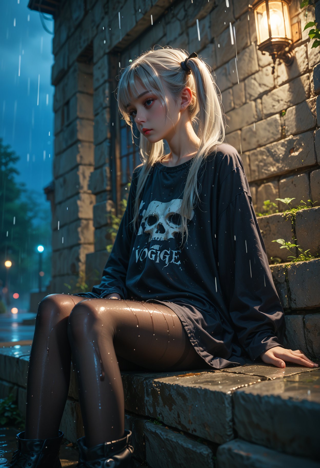 1girl,solo,petite,black pantyhose,loose clothes,goth,platinum blonde hair,twintails,Shiny skin,stone steps,night,rain,leaning back,dynamic lighting,modern,vogue,sitting,score_9,score_8_up,score_7_up,masterpiece,best quality,8k,, score_9,score_8_up,score_7_up,masterpiece,best quality,8k,