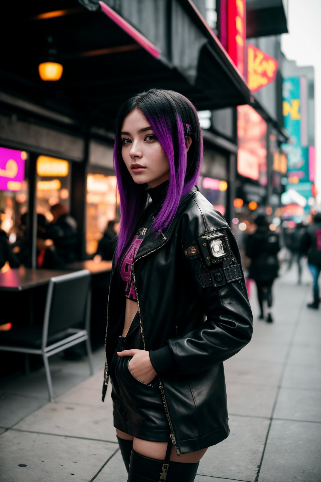 Medium candid 8k photography, (Stylish young woman in cyberpunk clothes:1.3), Candid composition, Street diner ambiance, Relaxed posture, (Urban surroundings:1.2), Bustling city crowd, Natural lighting, Shot with a Canon EOS 5D Mark IV, Ultra-high resolution, Genuine character