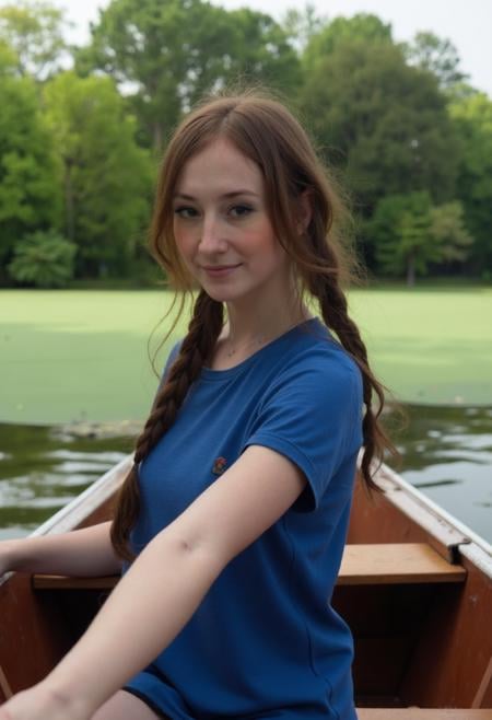 Ava Adore with braided hair draped over one shoulder wears a blue t-shirt and sits relaxed on the deck of a small wooden r...