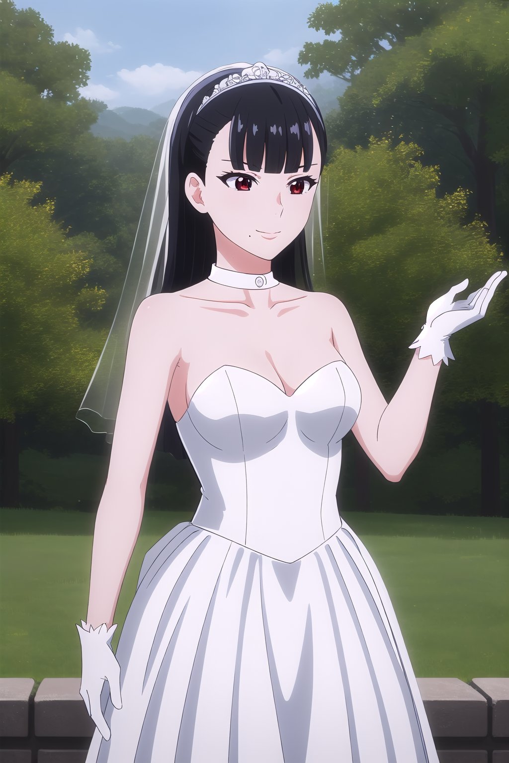 (masterpiece, best quality), highly detailed background, perfect lightingbest quality, kawakamiatsumi, solo, outdoors, nature, bridal veil, black hair, blunt bangs, long hair, red eyes, medium breasts, wedding dress, white dress, white gloves, frilled skirt, light smile, closed mouth, mole under mouth,  <lora:Kawakami-Atsumi-10:0.7>