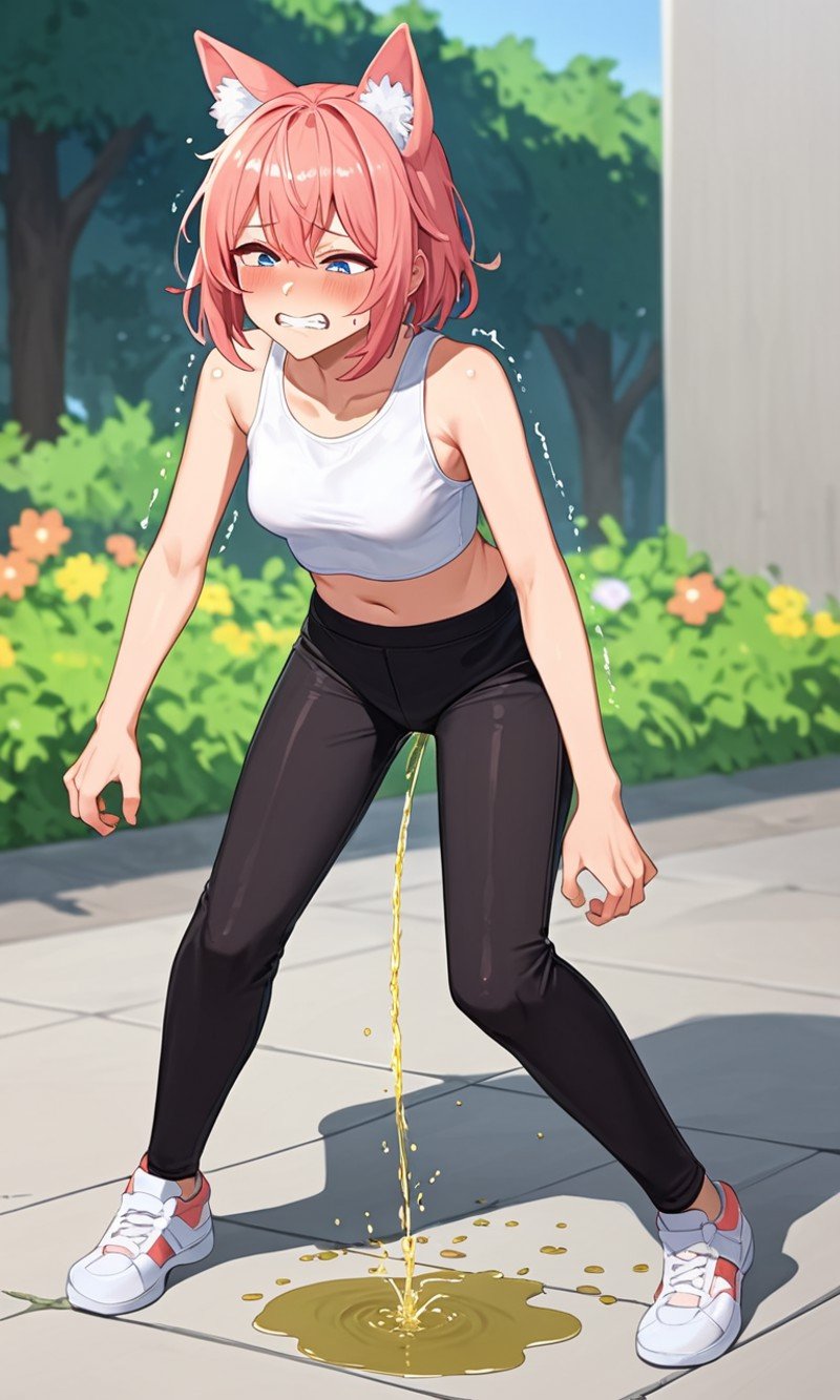 score_9, score_8_up, score_7_up, 1girl, animal ears, colored hair, tight pants, crop top, crouches down, standing front view, pain, struggle, trembling, sweat, clenching teeth, pissing her pants, pee puddle, blush, rating_explicit, outdoor, sunlight, flowers around,  