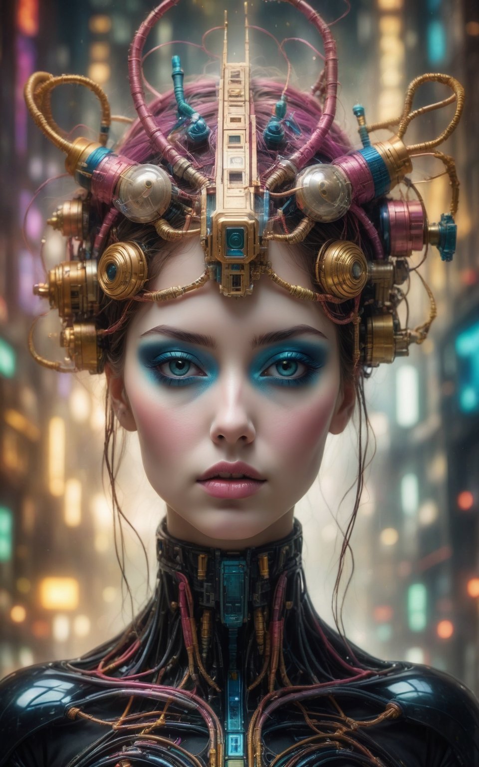 (best quality,8K,highres,masterpiece), ultra-detailed, (surreal portrait of flawless Android beauty), a flawless Android beauty portrayed in a surreal portrait style using hand-tinted acrylics. The portrait showcases a hyper-detailed face with flawless black shiny eyes, exuding an otherworldly allure. The Android's long, messy "hair" consists of intricate circuitry patterns, adding to the surreal and futuristic aesthetic. Rendered in the style of Gabriel Pacheco, the portrait is a stunning masterpiece with perfect composition and beautiful hyper-detailing. Every aspect of the Android's appearance is depicted with hyper-realism, capturing the intricacies of her features with sharp focus and high-quality execution. Feel free to add your own creative touches to enhance the surreal beauty and artistic impact of this captivating portrait.