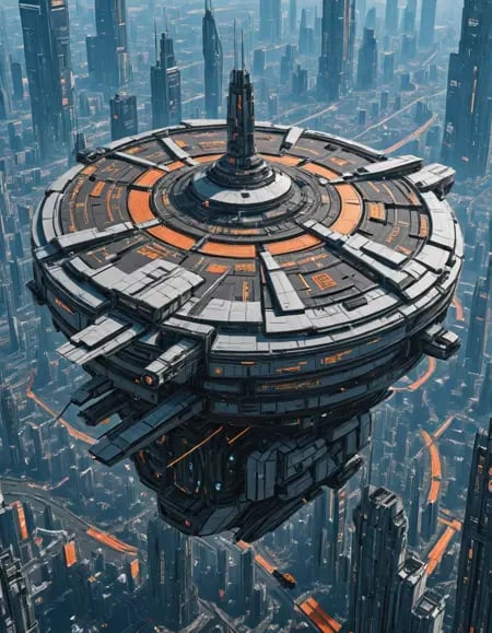 in a huge mothership,  under its opened shell,  there is a cyberpunk city with high orange buildings. On the side of the m...