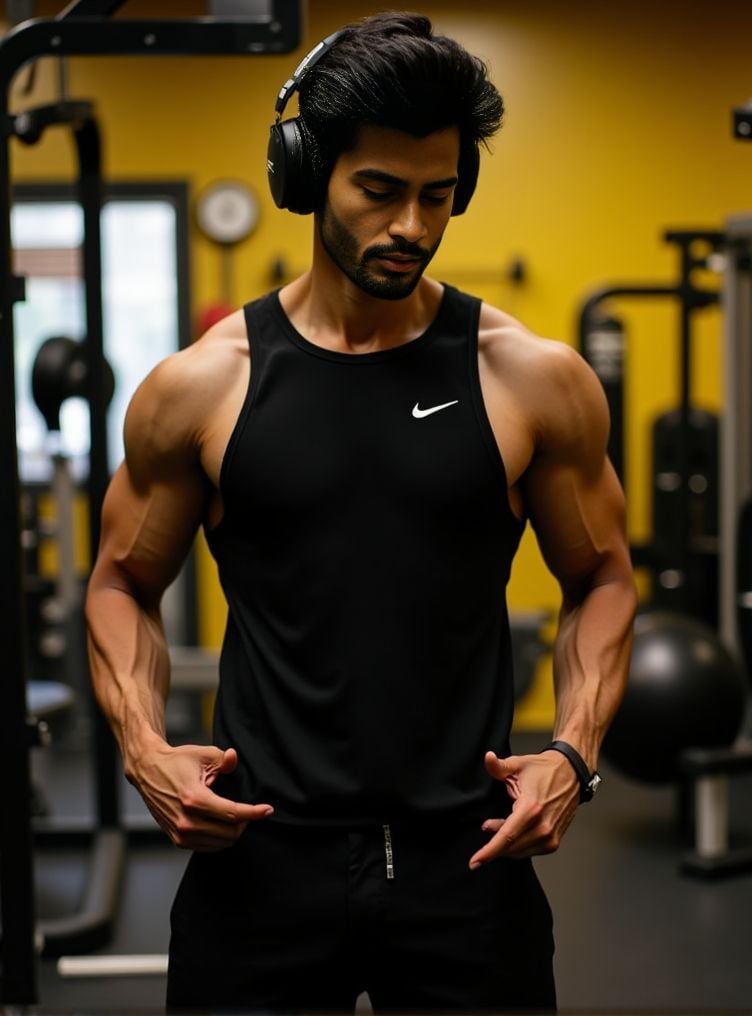 Rohit Khandelwal ,  A detailed low-angle image. in exceptional quality. He is in a gym with a predominance of black and a...