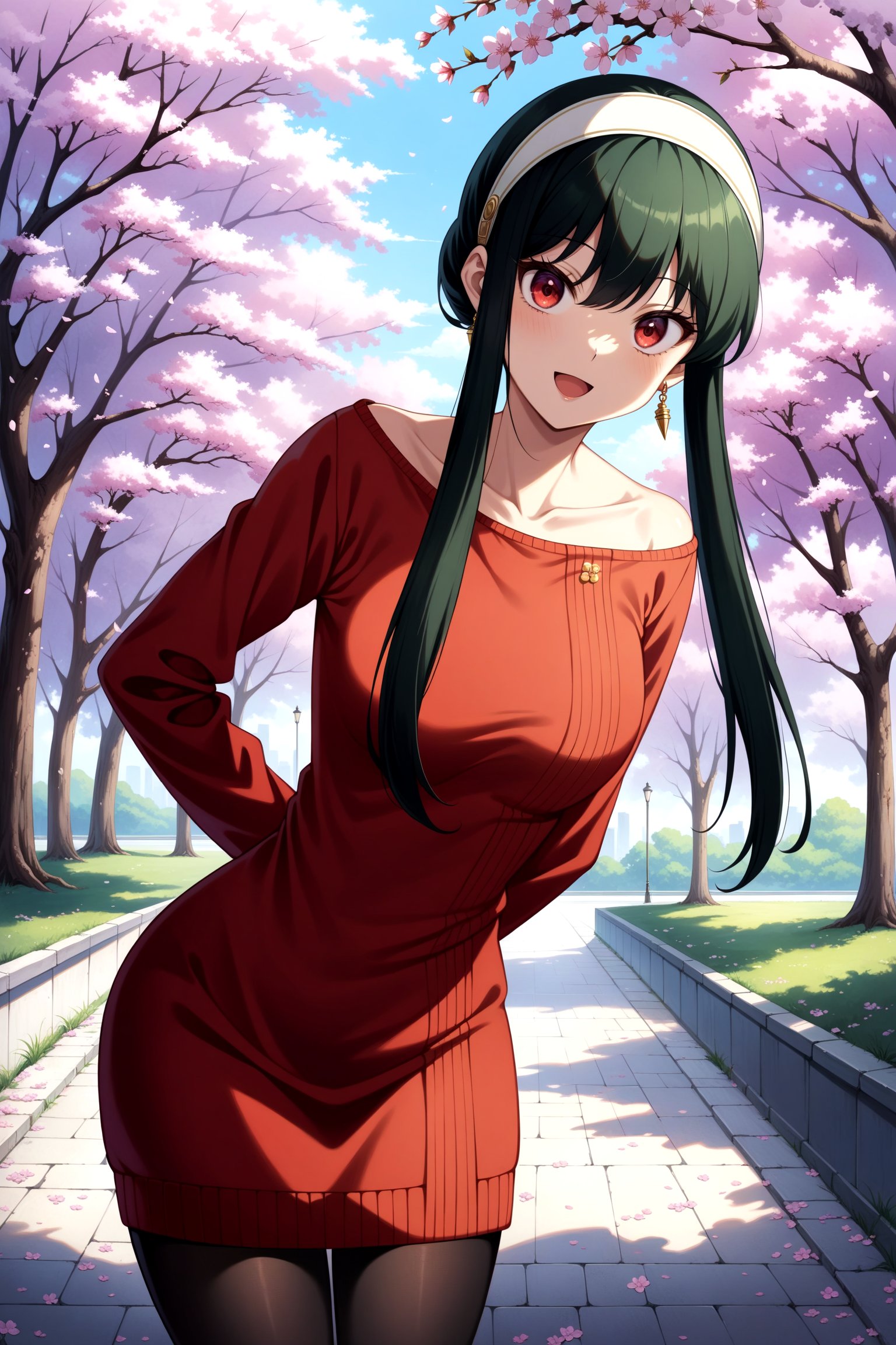 (masterpiece, best quality, very aesthetic, ultra detailed), intricate details, 4k, anime style, bbyorf, short hair with long locks, white hairband, red eyes, gold earrings, breasts, jewelry, off shoulder, red sweater, sweater dress, long sleeves, black pantyhose, <lora:yor_forger_XL_v1:0.9>, standing, cowboy shot, outdoors, smile, open mouth, bent over, leaning forward, arms behind back, cherry blossoms, looking at viewer