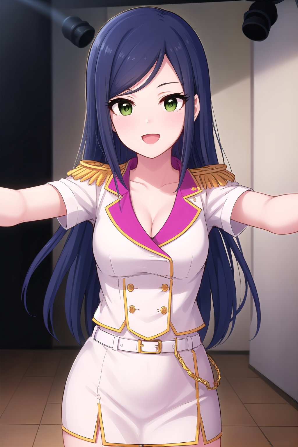 (masterpiece, best quality), highly detailed background, perfect lightingbest quality, juneyIMAS, solo, indoors, stage, stage lights, idol, dark blue hair, swept bangs, parted bangs, long hair, green eyes, medium breasts, epaulettes, white shirt, cleavage, buttons, short sleeves, black gloves, aiguillette, pink belt, white skirt, military uniform, smile, open mouth, :d, <lora:Juney-IM@S-(Beta)-05:0.7>