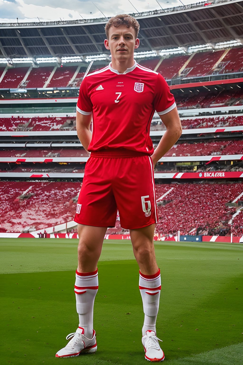 Wembley Stadium,  grass field,  TomSutcliffe wearing the English national soccer team uniform by txhorn75 on Tensor.Art