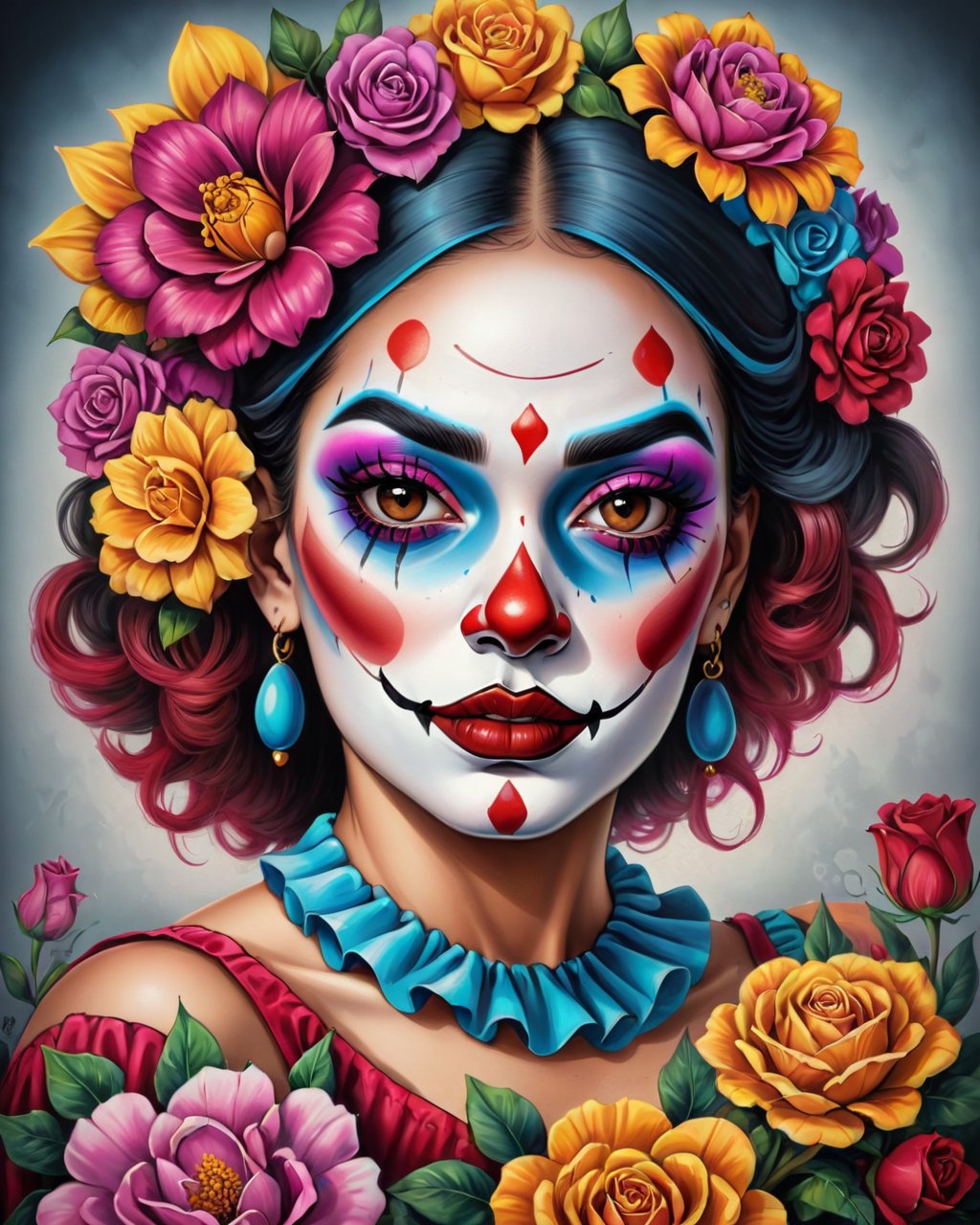 Airbrushed illustration of a beautiful mexican woman with her face painted in the style of a chola clown, beautiful flowers, chicano syle airbrushed chola clown, hyper realistic,