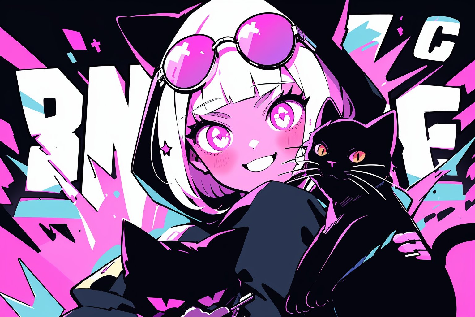 HTTP,1girl, cat, sunglasses, eyewear on head, hood, black cat, bangs, white hair, looking at viewer, blunt bangs, hood up, pink eyes<lora:HTTP_20231206170112-000012:1>