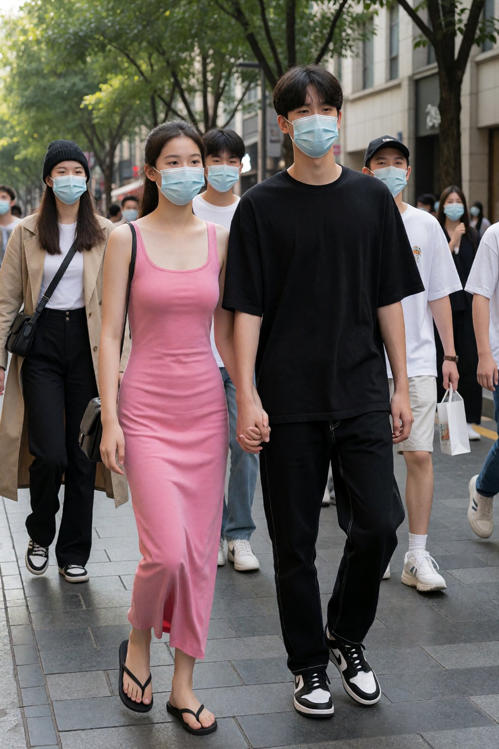 The image is a high-resolution photograph capturing a group of young people walking on a paved urban street during daytime...