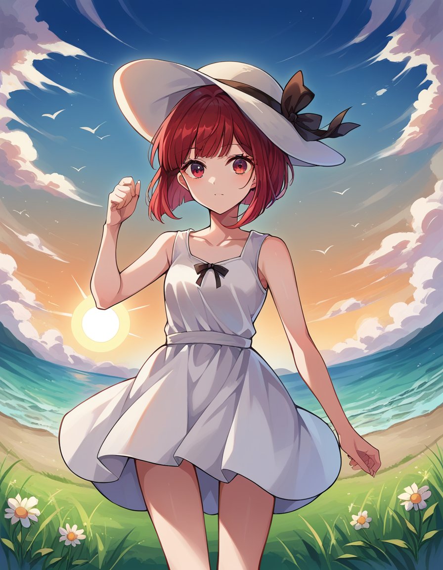 score_9, score_8_up, score_7_up, source_anime,kanaarima, <lora:kanna-arima-ponyxl-lora-nochekaiser:1>,kana arima, short hair, bangs, red eyes, red hair, bob cut, sun,hat, dress, ribbon, sleeveless, white dress, sleeveless dress, white headwear, sun hat, sundress,outdoors, wind, ocean, grass, clouds, sun,looking at viewer, cowboy shot, dutch angle,