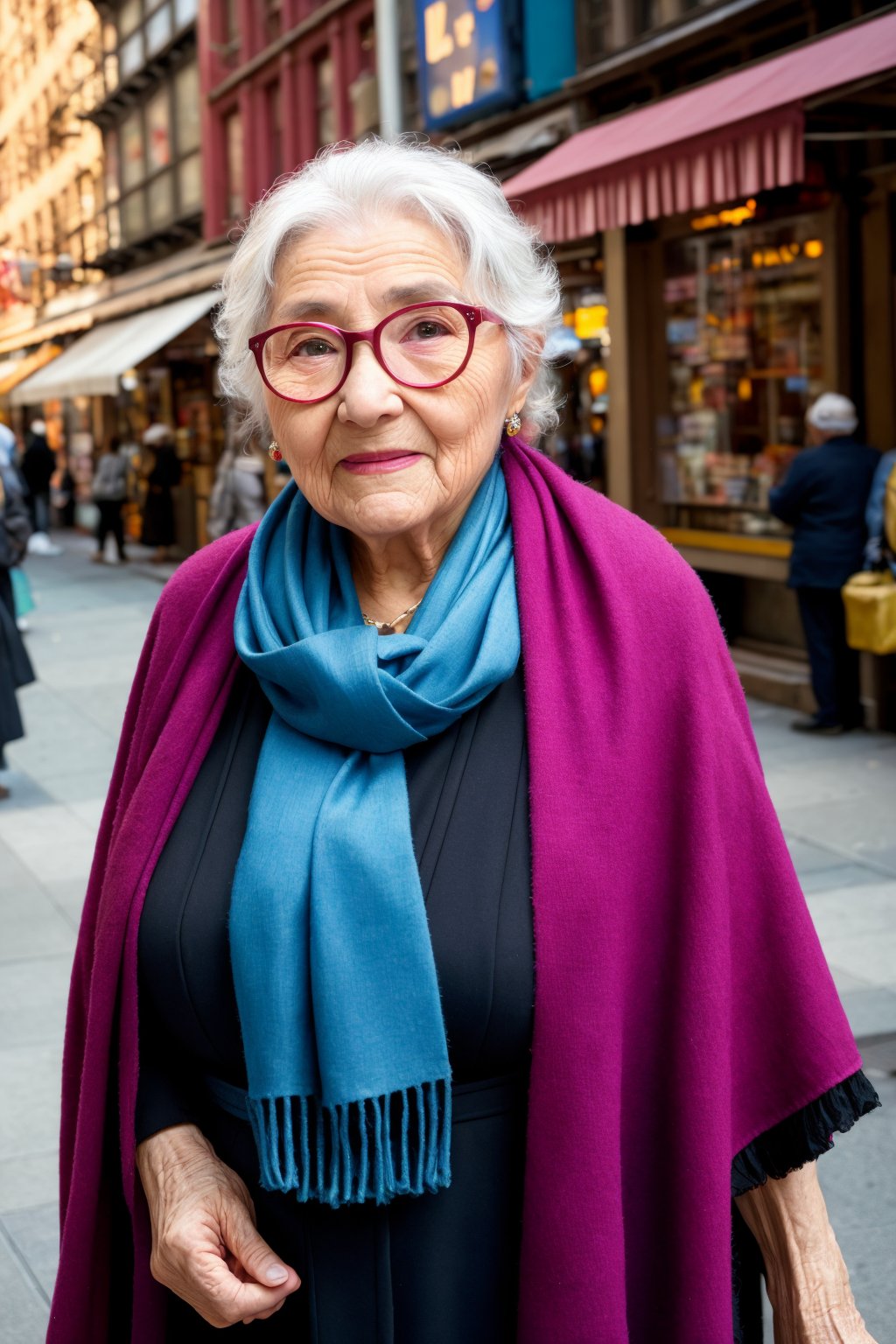 Wide angle photorealistic highly detailed 8k photography, (Wise old woman in vibrant New York street:1.2), Rule of thirds composition, Spectacles and shawl, (Wrinkled hands:1.2), Bustling city scene, Colorful storefronts, (Lifelike portrayal:1.3), Warm sunlight, Captivating realism