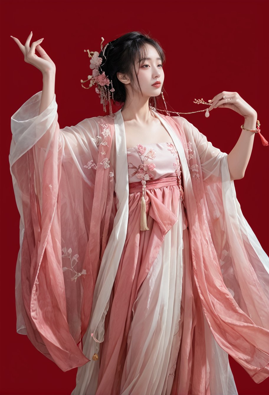 red background,1girl,solo,,ruanyi0758,hanfu,pink dress,see-through,shawl,wide sleeves,jewelry,<lora:0758 Peach Blossom Hanfu_v1_pony:1>, score_9,score_8_up,score_7_up,,8k,1girl,solo,