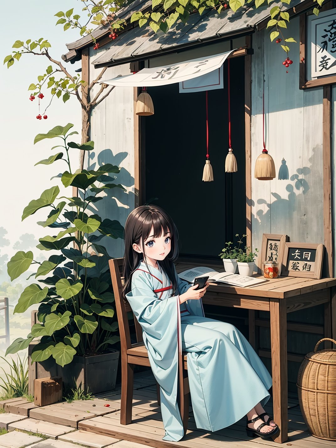 A five year old Chinese girl wearing a light blue Hanfu,very cute,with a cute and beautiful round face. She sits in front of a desk and looks up at the sky,confident,charming,antique,CG rendered,cg rendering,, A ink painting of a tranquil orchard with Chinese writing on it and a pair of birds building their nest, with a fruit-laden branch in the foreground, An Zhengwen, organic painting, a minimalist painting, art & language, ink and wash,