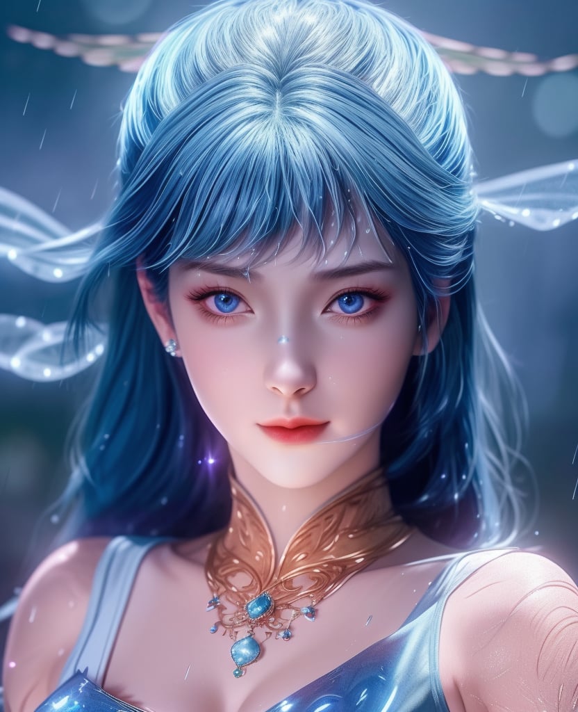 <lora:斗罗大陆-唐舞桐-海神缘:0.8>　　1girl, solo, blue hair, blue eyes, hair ornament, sparkle, looking at viewer,  (,1girl, ,best quality, ),looking at viewer, ,ultra detailed 8k cg, ultra detailed background,  ultra realistic 8k cg,          cinematic lighting, cinematic bloom, (( , )),,  , unreal, science fiction,  luxury, jewelry, diamond, pearl, gem, sapphire, ruby, emerald, intricate detail, delicate pattern, charming, alluring, seductive, erotic, enchanting, hair ornament, necklace, earrings, bracelet, armlet,halo,masterpiece, (( , )),,  ,cherry blossoms,(((, night,night sky,,  ultra high res, (photorealistic:1.4), raw photo, 1girl, , rain, sweat, ,wet, )))(( , ))   (cleavage), (),