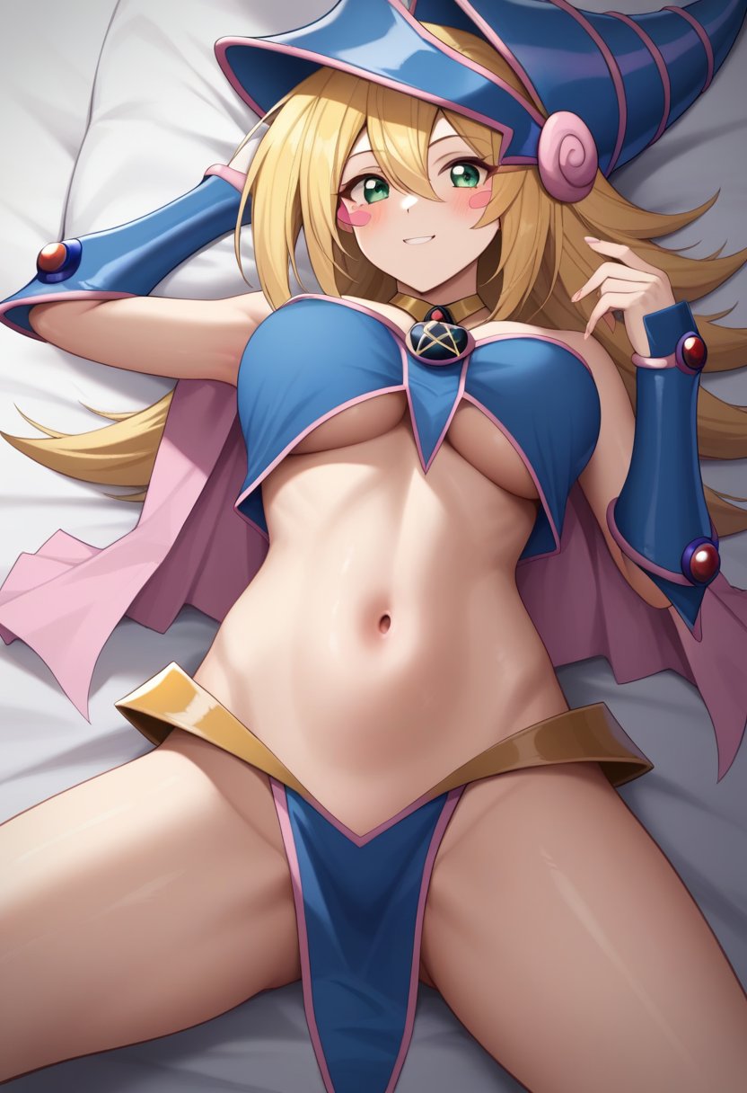 score_9,score_8_up,score_7_up,<lora:dark_magician_girl_pony:1>,1girl, :q, armpits, bed_sheet, blonde_hair, blue_dress, blue_hat, blush_stickers, covered_navel, dark_magician_girl, duel_monster, fingernails, hair_between_eyes, highres, looking_at_viewer, medium_breasts, on_back, solo, thighs, underboob_cutout, wizard_hat