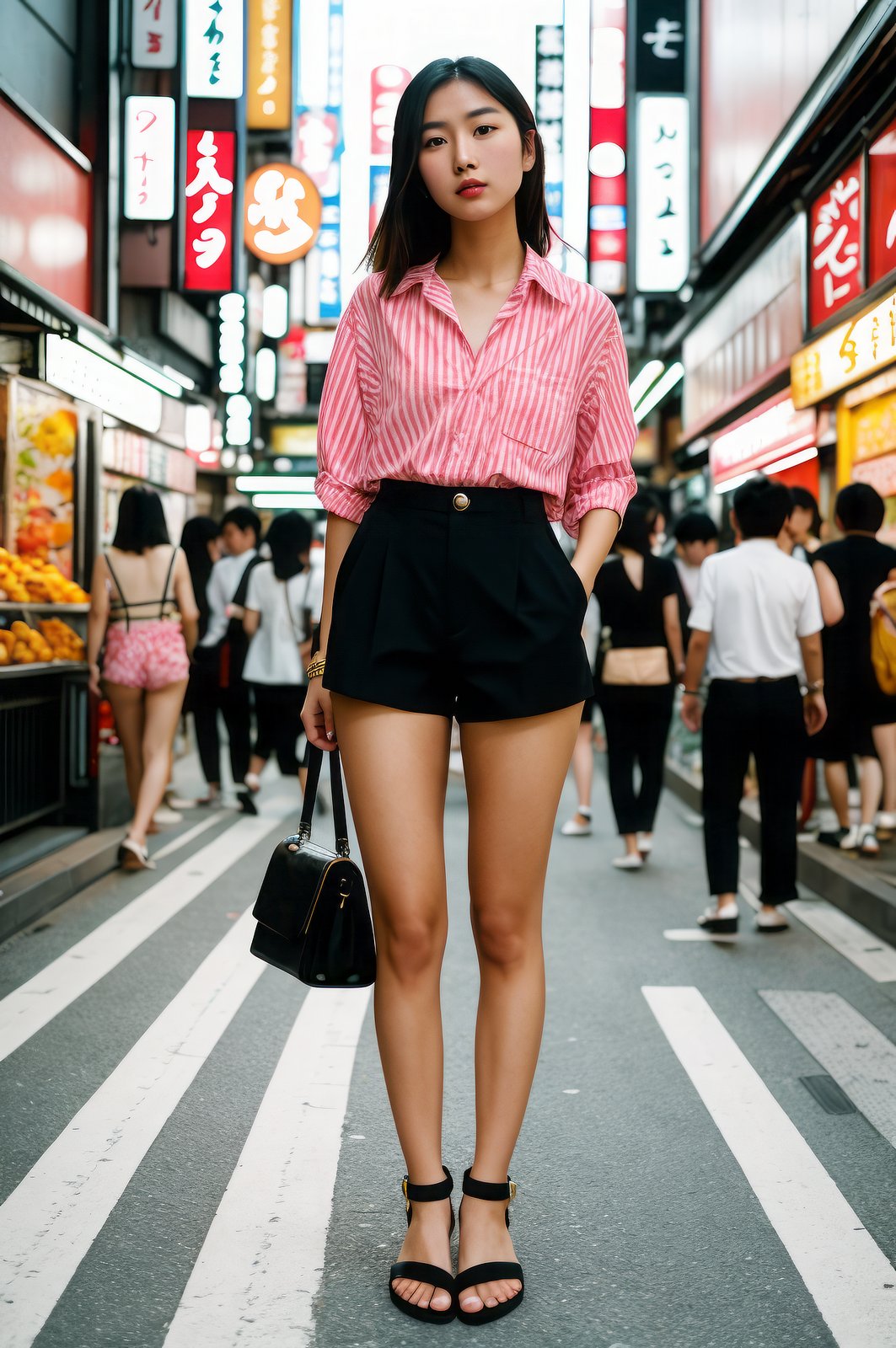 high fashion photography photo of a beautiful young asian woman, in the busy streets of Tokyo, striped button-up shirt with high-waisted shorts and flip-flops, full body, under chiaroscuro, dutch angle, shot on a Bolex H16