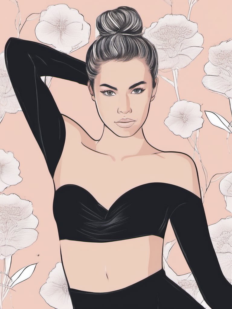 1NK , <lora:1NK:1>,The image are a black and white illustration of a young woman in a strapless bodysuit. She is standing with her arms stretched above her head and her legs slightly bent at the knees. Her hair is styled in a high bun and she has a serious expression on her face. The background is a light pink color with a floral design. The overall style of the illustration is elegant and sophisticated.