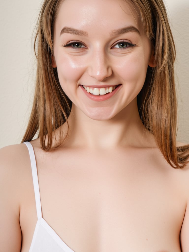 A close-up shot of a young girl with long blonde hair and blue eyes. She is wearing a white bra that is low to her chest....