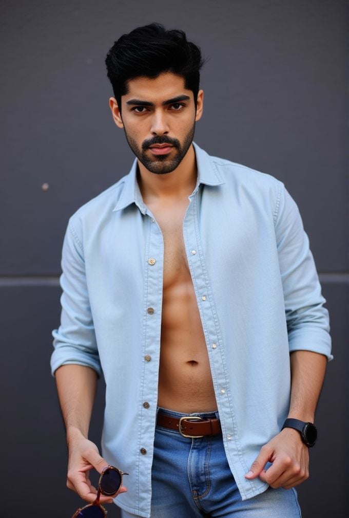 Smaran Sahu ,  stands confidently in front of a dark gray wall. He wears a light denim shirt. unbuttoned at the top. revea...
