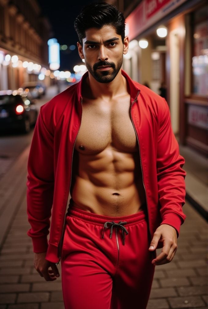 Smaran Sahu ,  realistic photo in a worn ((skin-revealing skimpy erotic red tracksuit,  massive pecs)) by HottiesnHotties...