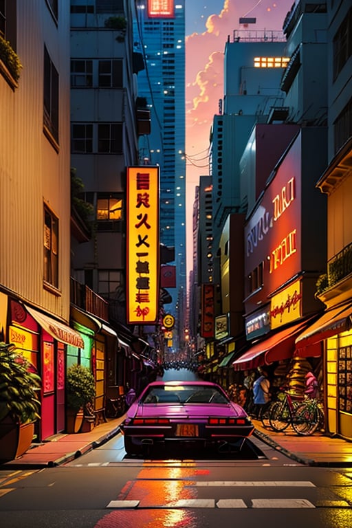 sunshine,Tokio street,neo light,buildings,cars on the street,(masterpiece:1,2),best quality,masterpiece,highres,original,extremely detailed wallpaper,perfect lighting,(extremely detailed CG:1.2),drawing,paintbrush,<lora:CityPop:1>,