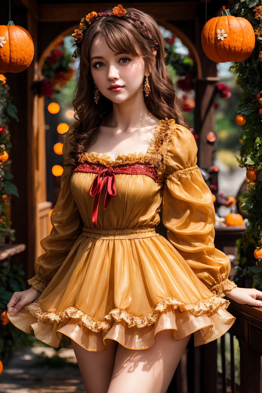 masterpiece, highly detailed 8k, best quality, volumetric lighting, volumetric lighting, intricate, Honey medium hair young woman in Cherry Red rfdrss, disgusted, Pumpkin Spice Orange eyes, Whimsical Candy Shops background <lora:ruffled dress v4.3-000007:1>