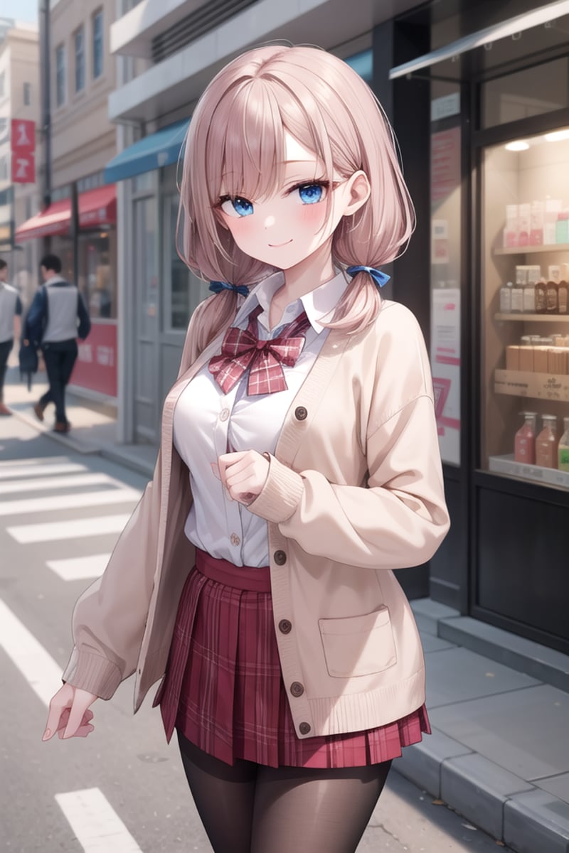 insanely detailed, absurdres, ultra-highres, ultra-detailed, best quality,1girl, solo, nice hands, perfect handsBREAK(School Uniforms:1.2), (pink cardigan is fit body:1.4), ((do up a buttons, not loose):1.5), ((long sleeve, sleeves past wrists):1.2), (inner wear is white collared-shirt:1.3), (red plaid-pattern bow:1.3), (red plaid-pattern pleated skirt:1.3), ((dark-brown pantyhose, loafers):1.2)BREAK(nsfw:-1.5)BREAKhappy smile, laugh, closed mouthBREAK,standing, cowboy shot, looking at viewerBREAKslender, kawaii, perfect symmetrical face, ultra cute girl, ultra cute face, ultra detailed eyes, ultra detailed hair, ultra cute, ultra beautifulBREAKin street, cityscape in harajuku, depth of field, ultra detailed backgroundBREAKmedium large breastsBREAKhime cut, (low twintails:1.3), messy hair, medium hair, (red brown hair, dark blue eyes:1.3)<lora:eyecolle_torenia_v100:0.5> <lora:eyecolle_nadeshiko_v100:0.5>