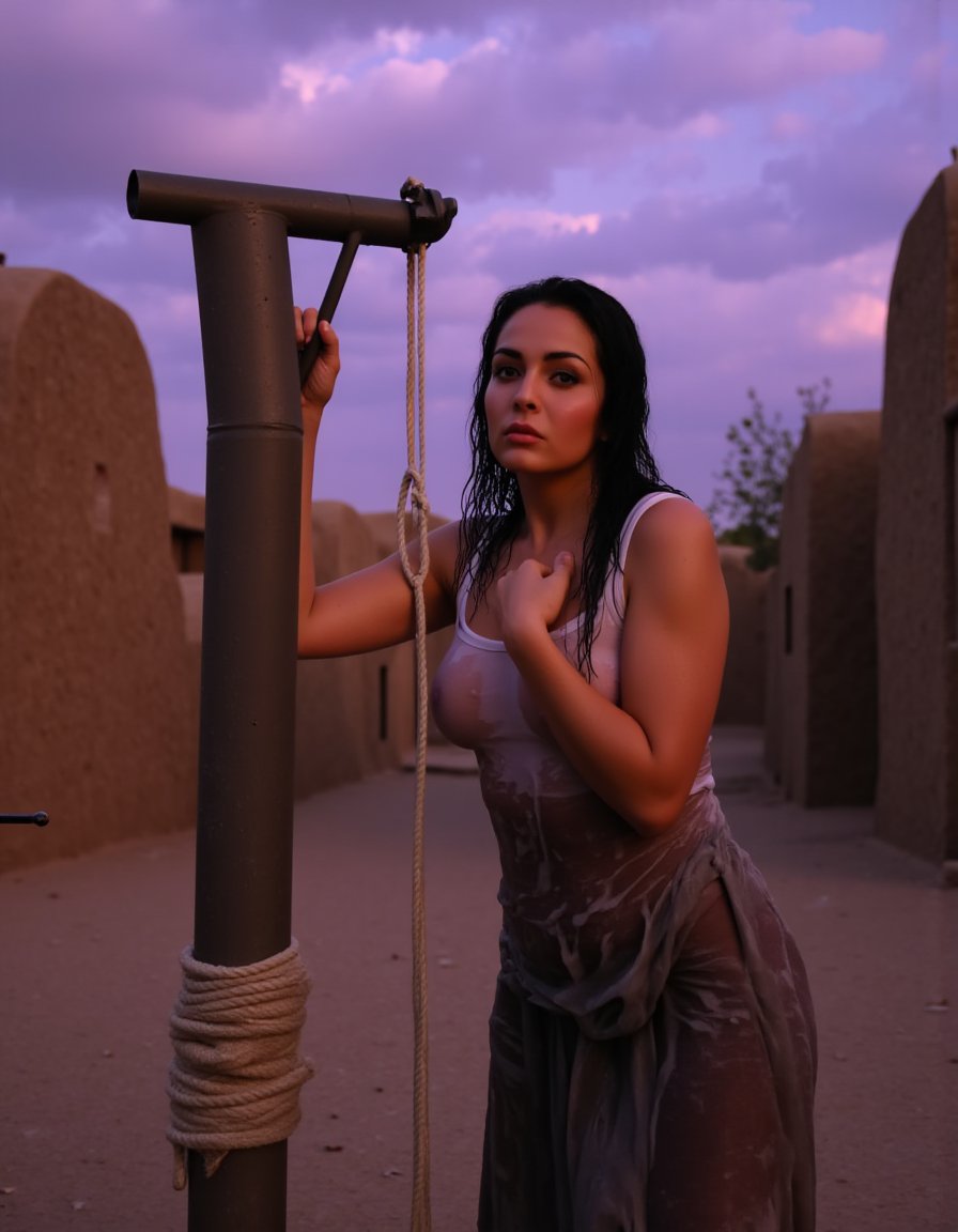 a peasant woman retrieving water from a well in a desert village, wet clothes, dusty street, adobe buildings, twilight, scattered clouds, purple sky, bokeh, black hair, looking at viewer with suspicion in her eyes, pulling on a rope attached to a pulley over the well  <lora:WetshirtForFlux-1.4:1>