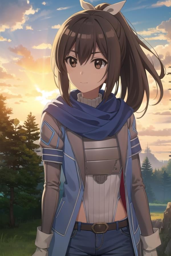 bofurisally, <lora:bofuri sally s2-lora-nochekaiser:1>, sally, long hair, brown hair, (brown eyes:1.5), ribbon, hair ribbon, ponytail, smile,BREAK gloves, shorts, scarf, blue scarf, shirt, white shirt, puffy sleeves, long sleeves, belt, denim shorts,BREAK outdoors, nature, forest, sun, sky, clouds, trees, grass,BREAK looking at viewer,BREAK <lyco:GoodHands-beta2:1>, (masterpiece:1.2), best quality, high resolution, unity 8k wallpaper, (illustration:0.8), (beautiful detailed eyes:1.6), extremely detailed face, perfect lighting, extremely detailed CG, (perfect hands, perfect anatomy),