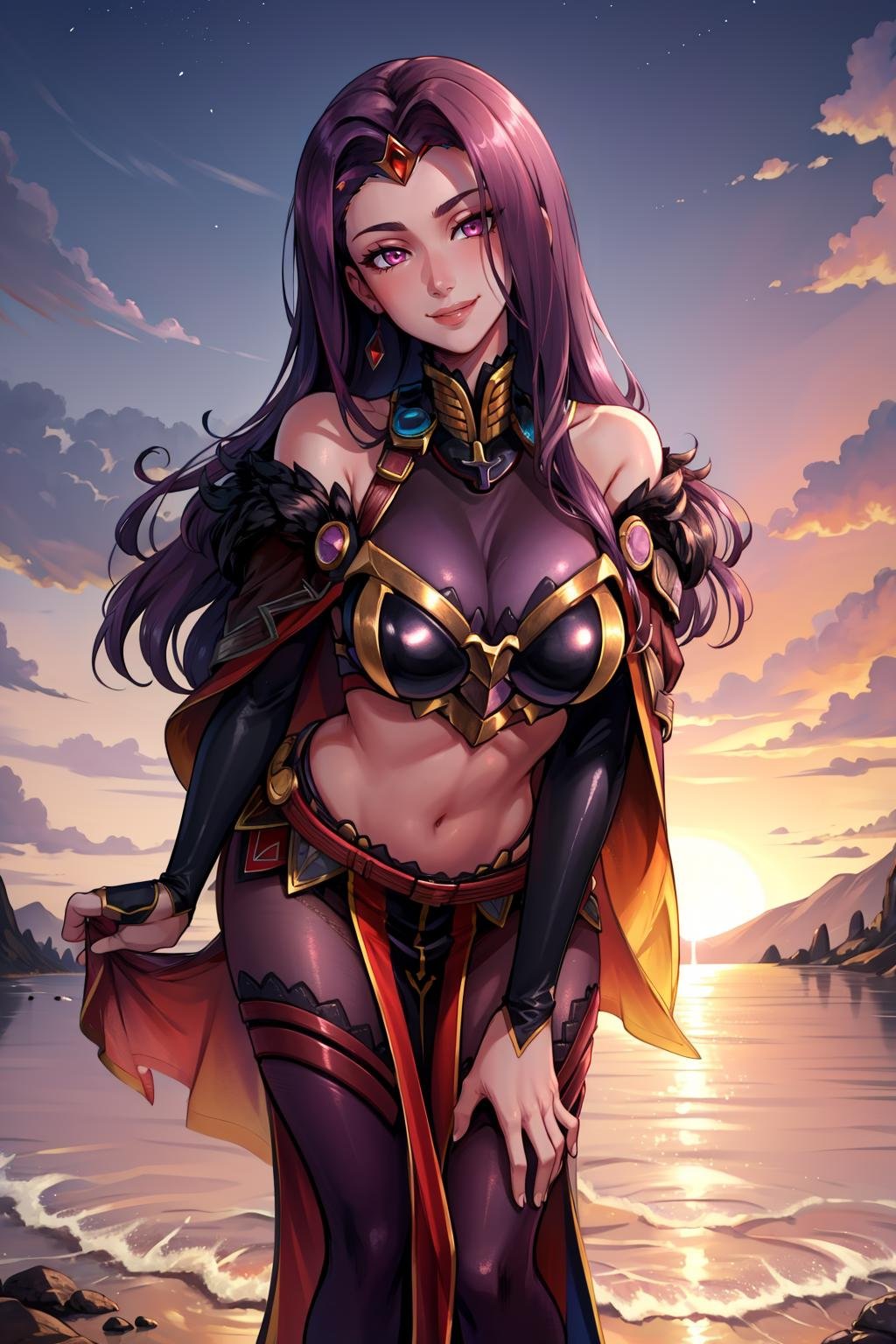 masterpiece, best quality, respSonya, circlet, black cape, feather trim, cleavage, large breasts, bare shoulders, midriff, purple pantyhose, standing, looking at viewer, sunset, glowing eyes, leaning forward, smile <lora:sonya-nvwls-v1-000012:0.9>