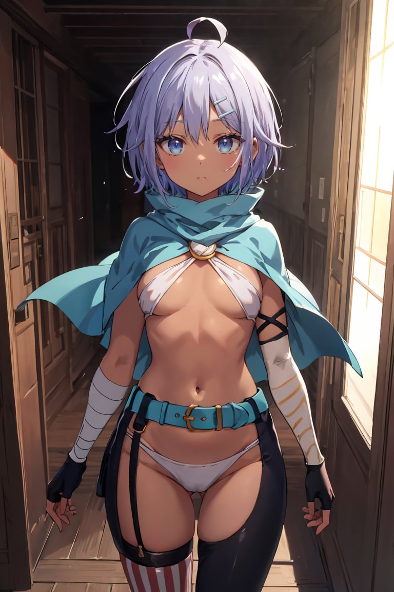 masterpiece, best quality, ultra-detailed, glistening shiny, glowing light, ray tracing, HDR, deph of field, (perfect face, detailed face),  <lora:SprRen:0.7>, sprren, dark skin, short hair, hairclip, white bikini, o-ring top, blue capelet, blue belt, fingerless gloves, arm bandages, asymmetrical legwear, vertical striped thighhighs, single thighhigh, thigh strap, uneven legwear, standing