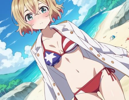 score_9, score_8_up, score_7_up, source_anime,maminanami, <lora:mami-nanami-s1-ponyxl-lora-nochekaiser:1>mami nanami, short hair, aqua eyes, blonde hair, hair between eyes,navel, jacket, swimsuit, bikini, white jacket, flag print, american flag bikini,outdoors, beach, on side, blush, drunk,looking at viewer, dutch angle, cowboy shot