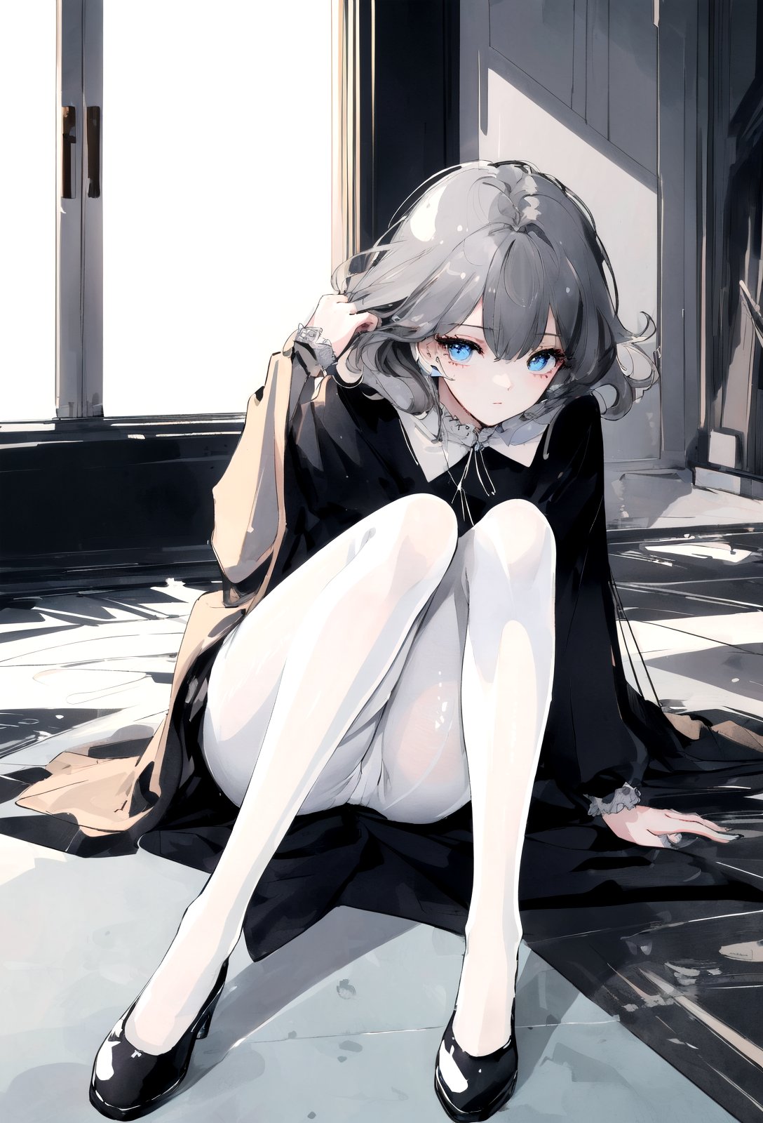 ((masterpiece)),(((best quality))),((ultra-detailed)),((illustration)),((disheveled hair)),beautiful detailed eyes,(1girl:1.2),(solo),white pantyhose,full body,