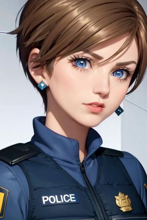 1girl, sxtopaz, short hair, brown hair, blue eyes, earrings, lipstick, police uniform, portait <lora:topaz-military-v1:0.65>