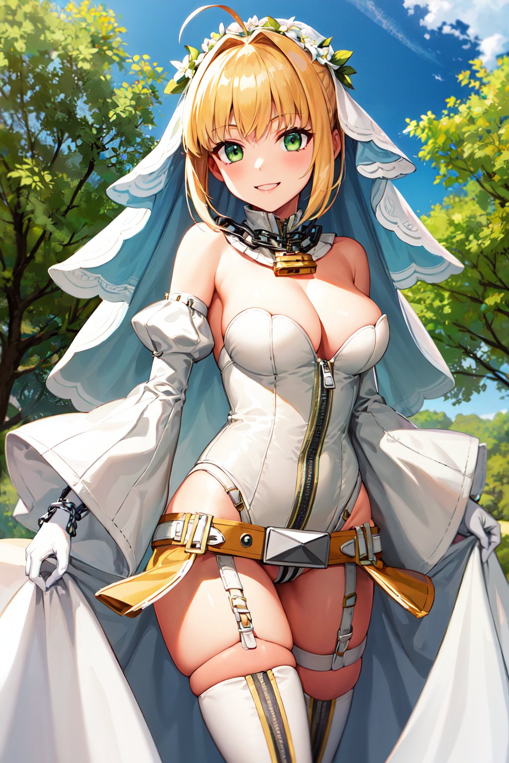 masterpiece, best quality, highres, aanero, ahoge, head wreath. bridal veil, green eyes, detached collar, chain, padlock, bare shoulders, strapless, white leotard, white dress, zipper, detached sleeves, white gloves, white belt, garter straps, white thighhighs, garter belt, <lora:nero_claudius_(fate)_v1:0.7>, standing, cowboy shot, smile