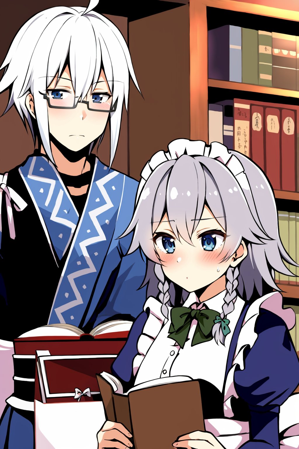 masterpiece, best quality,<lora:MorichikaRinnosuke:1>,1girl, morichika rinnosuke, 1boy, izayoi sakuya, blush, glasses, maid headdress, book, blue eyes, bookshelf, maid, short hair, ahoge, white hair, braid, grey hair, twin braids