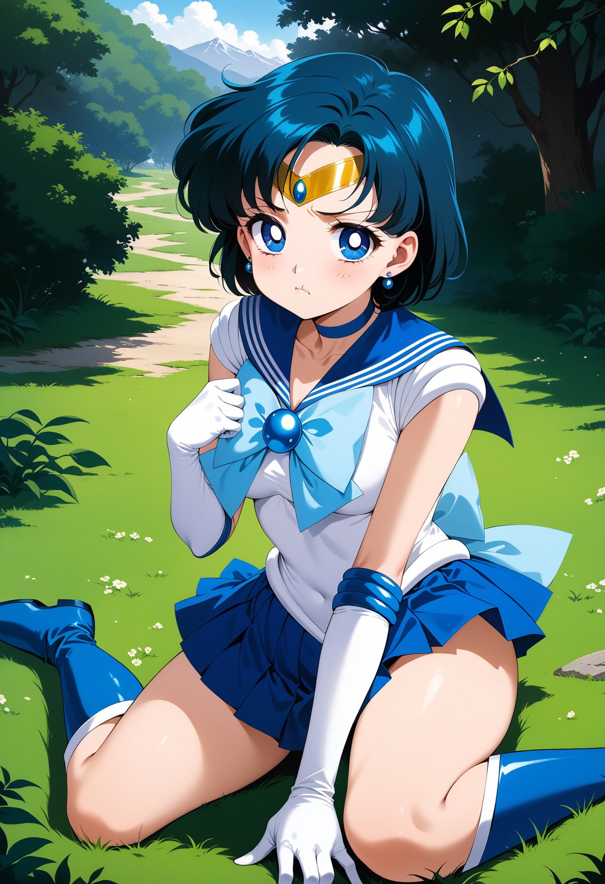 (masterpiece, best quality, very aesthetic, ultra detailed), intricate details, 4k, aamercury, short hair, blue hair, tiara, earrings, blue eyes, blue choker, blue sailor collar, blue bowtie, white shirt, elbow gloves, white gloves, pleated skirt, blue skirt, bare legs, <lora:sailor_mercury_animaginexl_v1:0.9>, knee boots, blue footwear, wariza, grass, pout, outdoors