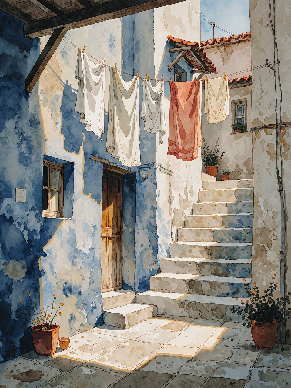 Bradhamel art style. A watercolor painting of a narrow,  sunlit alleyway in a Mediterranean town with weathered blue-washe...