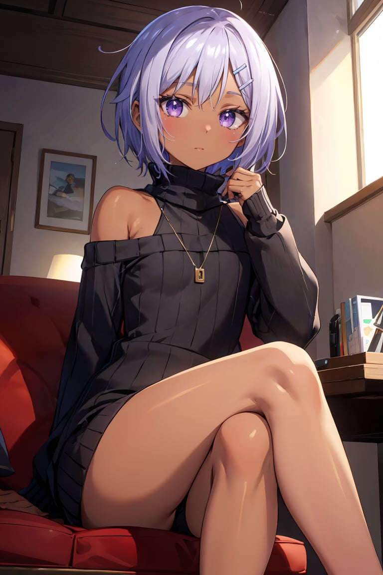 masterpiece, best quality, ultra-detailed, glistening shiny, glowing light, ray tracing, HDR, deph of field, (perfect face, detailed face),  <lora:SprRen:0.7>, sprren, (dark skin:1.2), short hair, hairclip, flat chest, sweater dress, turtleneck, bare legs, sitting, crossed legs